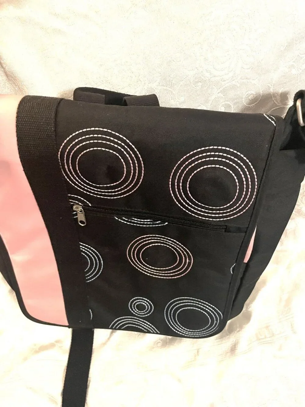 Nunzia Diaper Bag Faille Black and Pink Circle Stitches Convertible Crossbody
